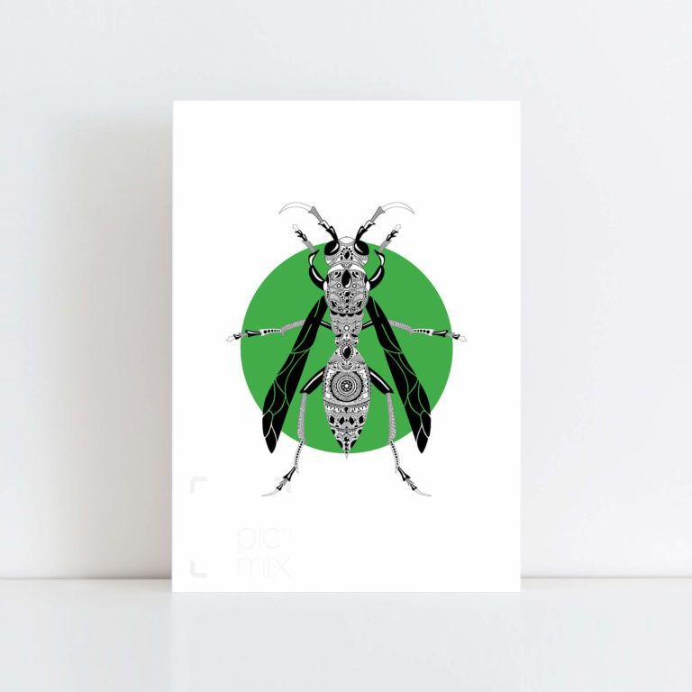 Original Illustration of a Wasp with a green background No Frame