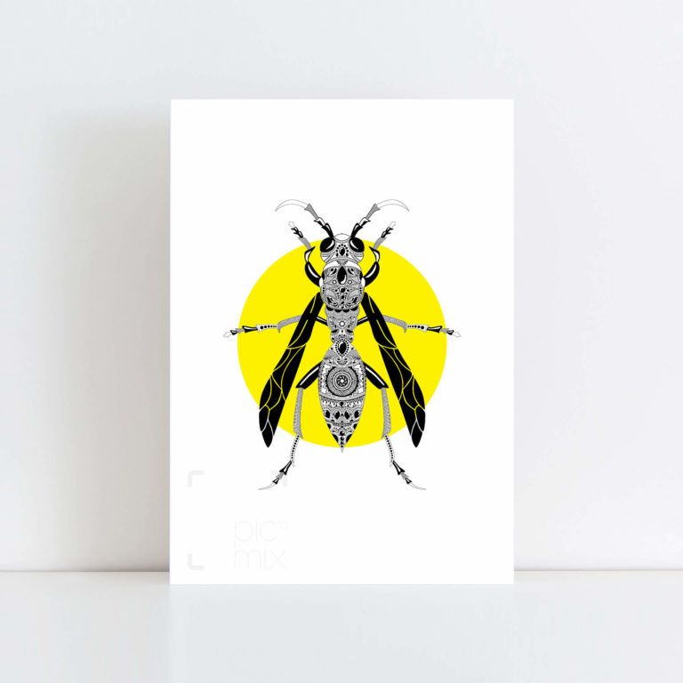 Original Illustration of a Wasp with a yellow background No Frame
