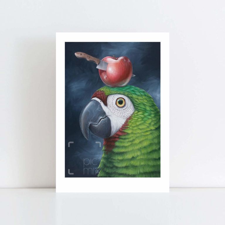 Print of 'Near Miss' parrot and apple No Frame